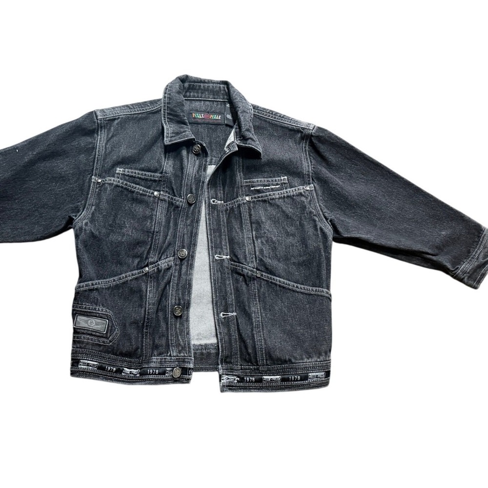 Pelle Pelle Marc Buchanan Denim Jacket Black Contrast Stitch Boys XL 90s Urban
